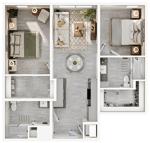 A series of images showing different layouts of a modern, minimalist bedroom and bathroom.